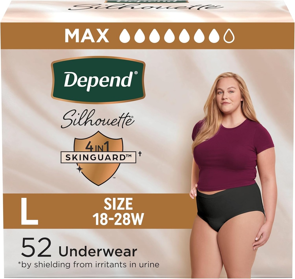 Depend Silhouette Couches Adultes, Incontinence & Postpartum Bladder Sous-vêtements pour femmes, Absorbance maximale, Grande, Noire, 52 Nombre (2 Packs de 26), Emballage May Vary