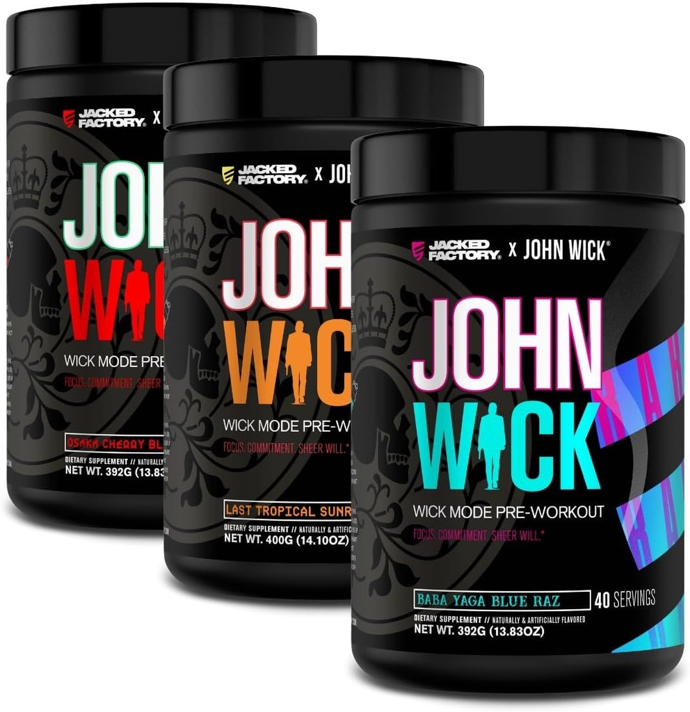 Jacked Factory X John Wick - Poudre de préentraînement en mode Wick - Énergie intense, mise au point de combat, engagement inarrêtable et volonté pure - 120 portions (3-paquet)