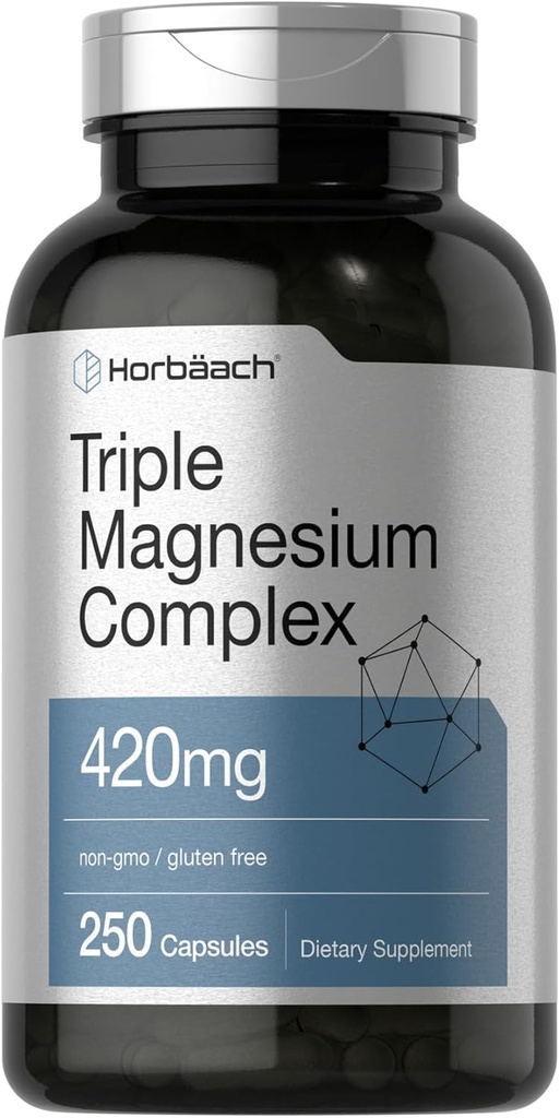 Horbäach Triple Magnesium Complex | 420 mg | 250 Capsules | Non-GMO and Gluten Free Formula | Magnesium Oxide, Citrate, and Aspartate Dietary Supplement