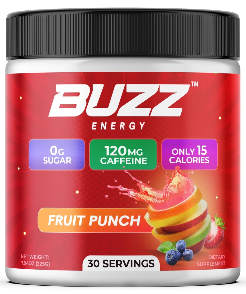 Poudre de boisson d'énergie Buzz du matin - Mélange de boisson d'énergie Boost - énergie sans sucre avec antioxydants - Morning Kickstart et Sport Nutrition Endurance Produit - 30 portions, punch de fruits, 7,9 onces