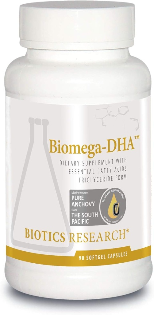 Recherche en biotique Biomega DHA Huile de poisson, 600 mg DHA, soutient l'apprentissage et la mémoire, Vitamines du cerveau foetal, 90 Capsules Softgel