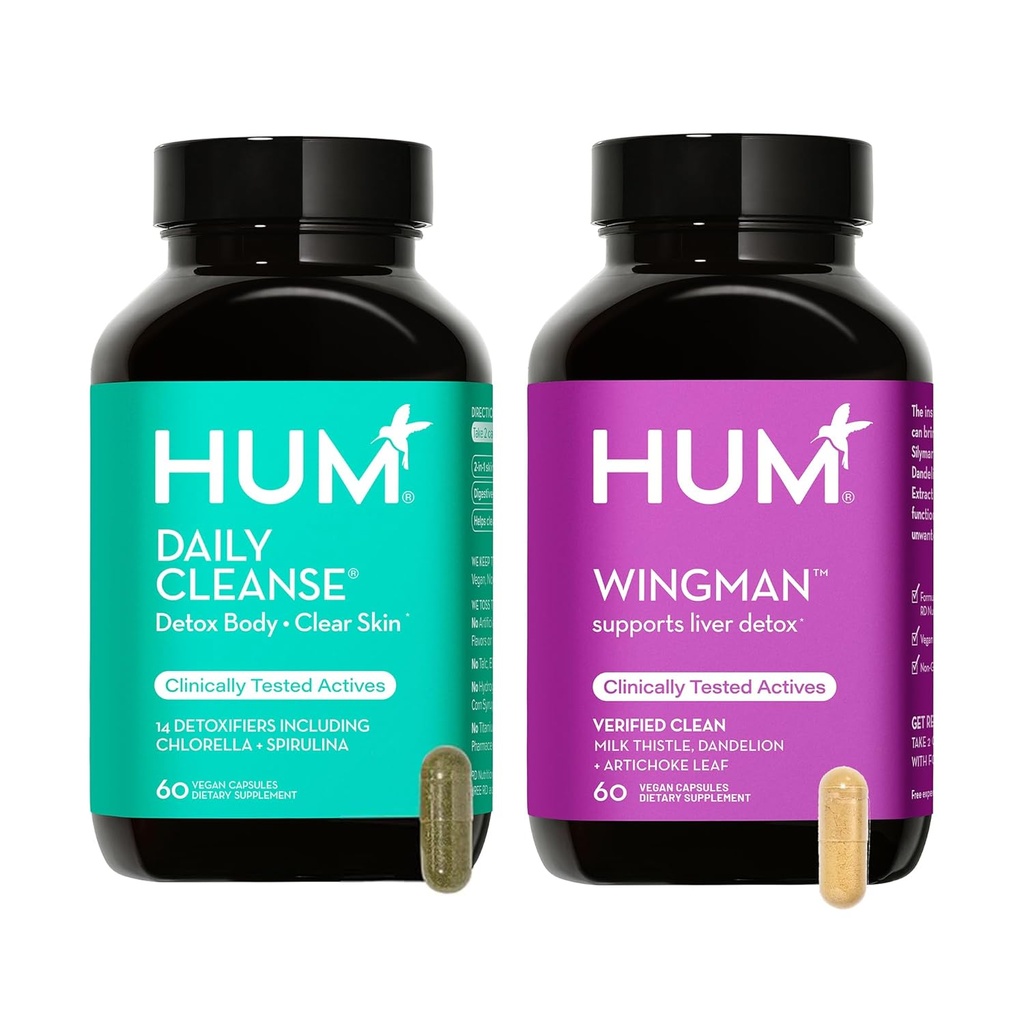 HUM Supplément complet de la peau et du foie de la nutrition, Wingman et Daily Cleanse A Green Detox & Lait Thistle pour le soutien des soins de la peau et la santé du foie, 2 Pack Bundle, 60 Capsules Vegan