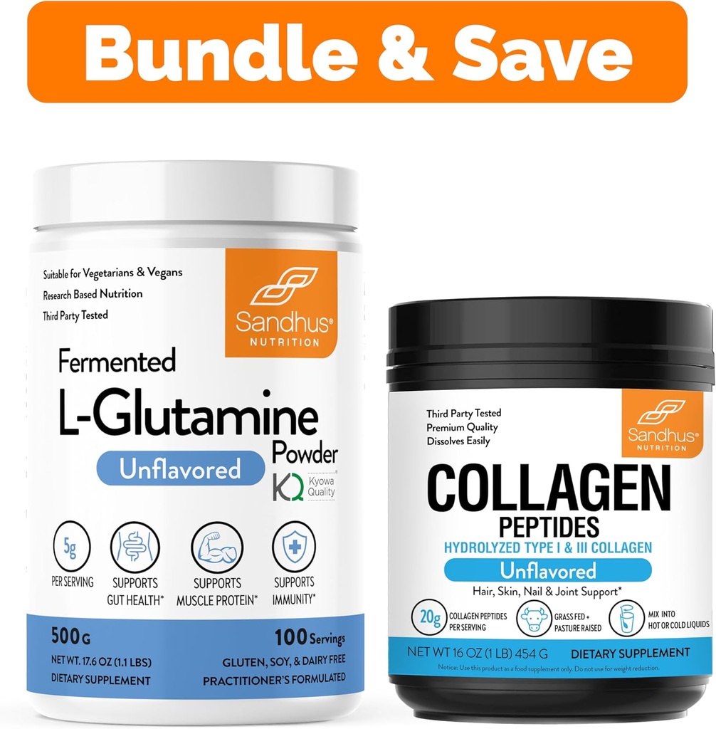 Sandhu's L-Glutamine Powder 100 portions, 500g, 17,6 Oz., grande taille, 3 mois d'approvisionnement et collagène Peptides Powder