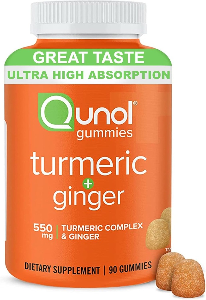 Gummies turcuma et gingembre Qunol - Supplément de soutien mixte avec ultra haute absorption, 90 gummies Vegan et sans gluten