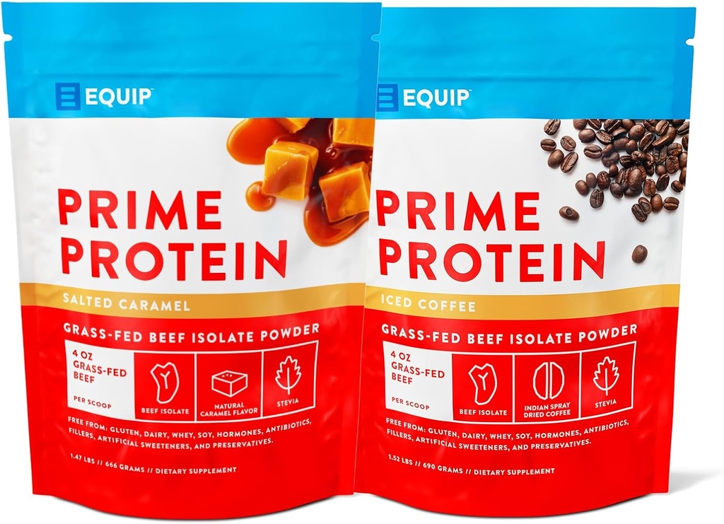 Equip Foods Prime Protein Powder - Salted Caramel & Iced Coffee - Grass Fed Beef Protein Powder Isolate - Paleo and Keto Friendly, Gluten Free Carnivore Protein Powder - Helps Build and Repair Tissue
