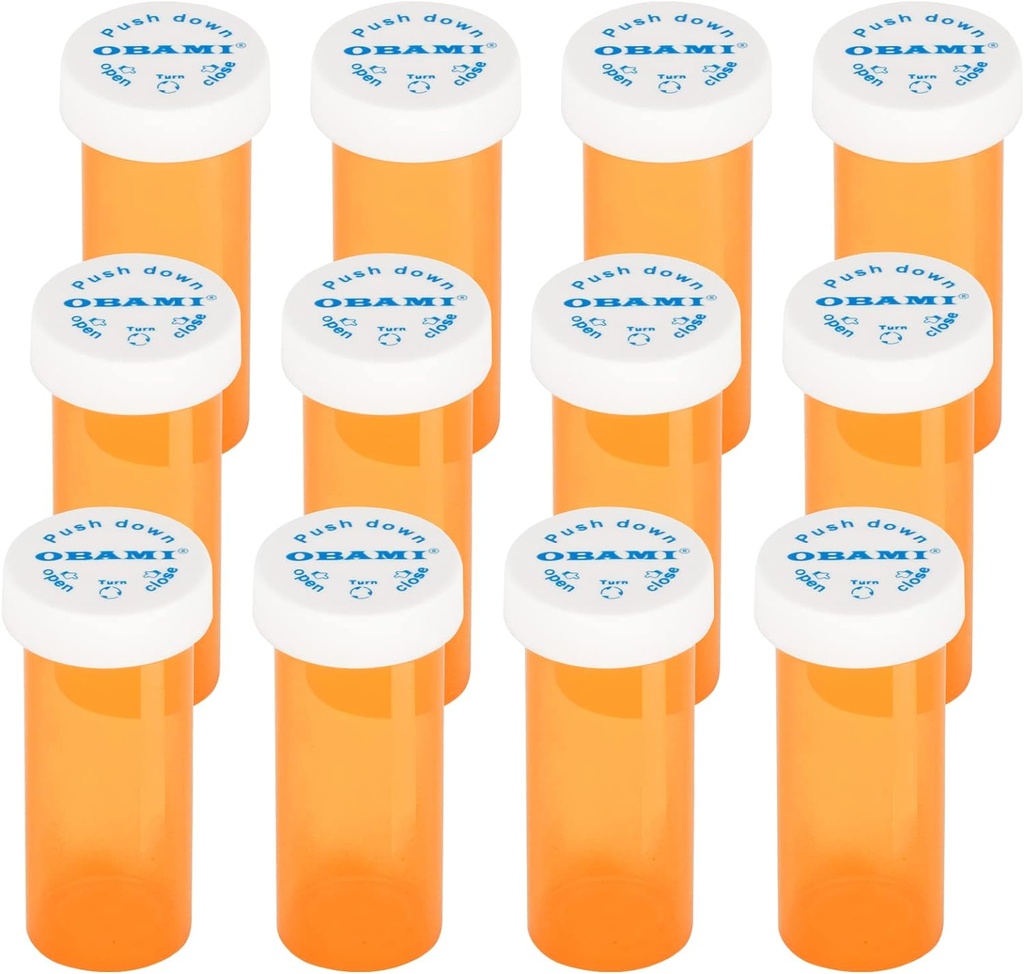Bouteille de pilules en plastique avec bouchons résistants à l'enfant - Pousser et tourner - flacon d'ordonnance, contenant de médicaments, distributeur de boîtes de pilule (12pcs, 6 Dram)