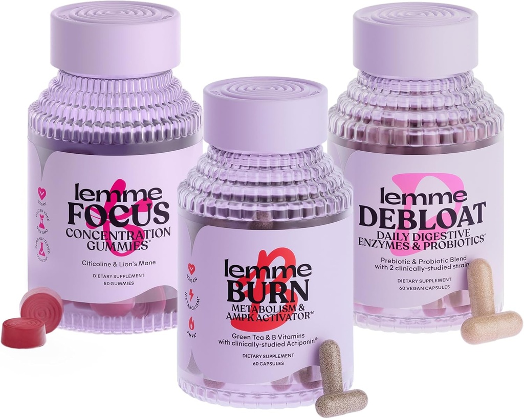Lemme Burn, Debloat & Focus Bundle.com Métabolisme & Fat Burning + Bloating & Gas Relief Capsules + Focus & Cerveau Santé Gummies.com sans gluten, non-OGM.