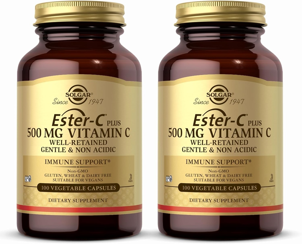 Solgar Ester-C Plus 500 mg Vitamine C (Complexe d'Ascorbate) - 100 capsules végétales, boîte de 2 - Antioxydants et immunosupport - Non OGM, végétalien, sans gluten, casher - 200 portions totales