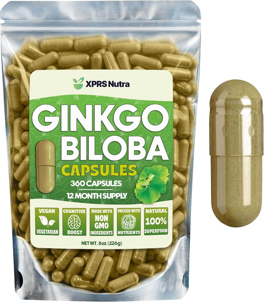 XPRS Nutra Ginkgo Biloba Capsules - Gingko Biloba Encapsulated Supplements for Cognition - Vegan Friendly Ginkoba Biloba - Immunity Boosting Ginkgo Biloba Capsules - 360 Count