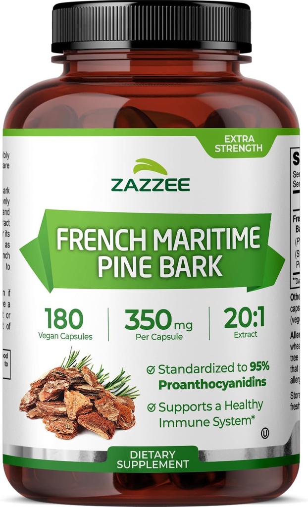 Zazzee Extra Strength French Maritime Pine Bark 20:1 Extrait, 350 mg Par Capsule, 180 Capsules Vegan, 95% Proanthocyanidines, Kosher, 6 mois d'approvisionnement, extrait 20X normalisé, non-OGM, fabriqué aux États-Unis