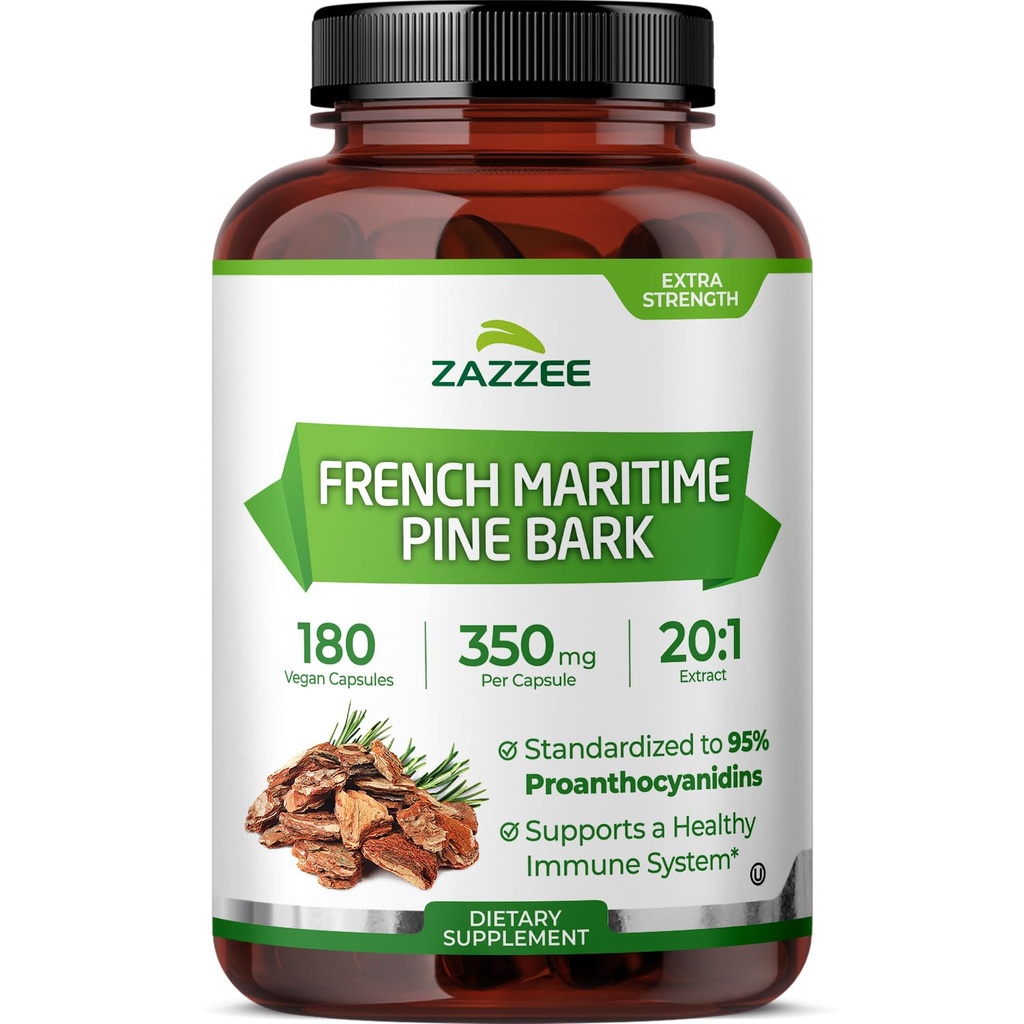 Zazzee Extra Strength French Maritime Pine Bark 20:1 Extrait, 350 mg Par Capsule, 180 Capsules Vegan, 95% Proanthocyanidines, Kosher, 6 mois d'approvisionnement, extrait 20X normalisé, non-OGM, fabriqué aux États-Unis