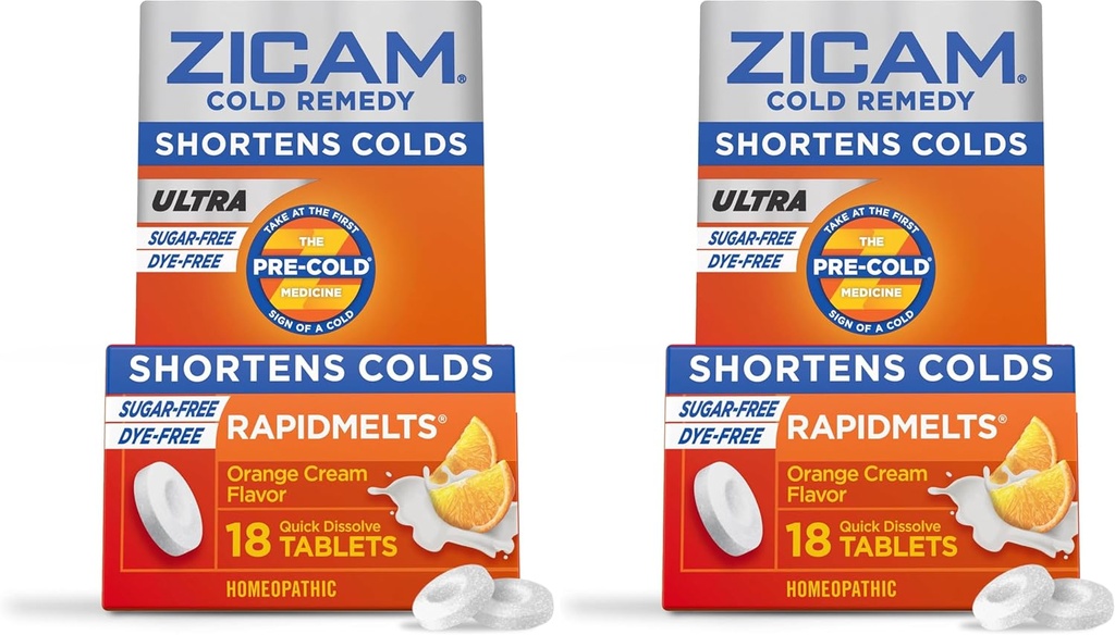 Zicam Ultra Cold Remedy Zinc Rapidmelts, Arôme crème orange, homéopathique, médicaments de raccourcissement du froid, raccourcit la durée du froid, sans sucre, sans colorant, 18 Compte (paquet de 2)