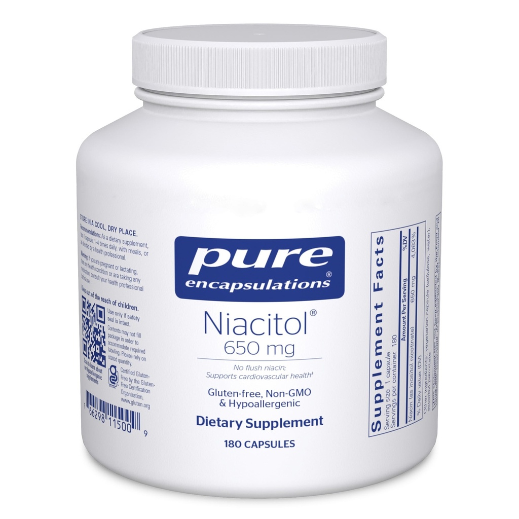 Encapsulations pures Niacitol 650 mg de Niacine hypoallergénique non-flush pour soutenir la digestion, la synthèse hormonale et la formation de tissus