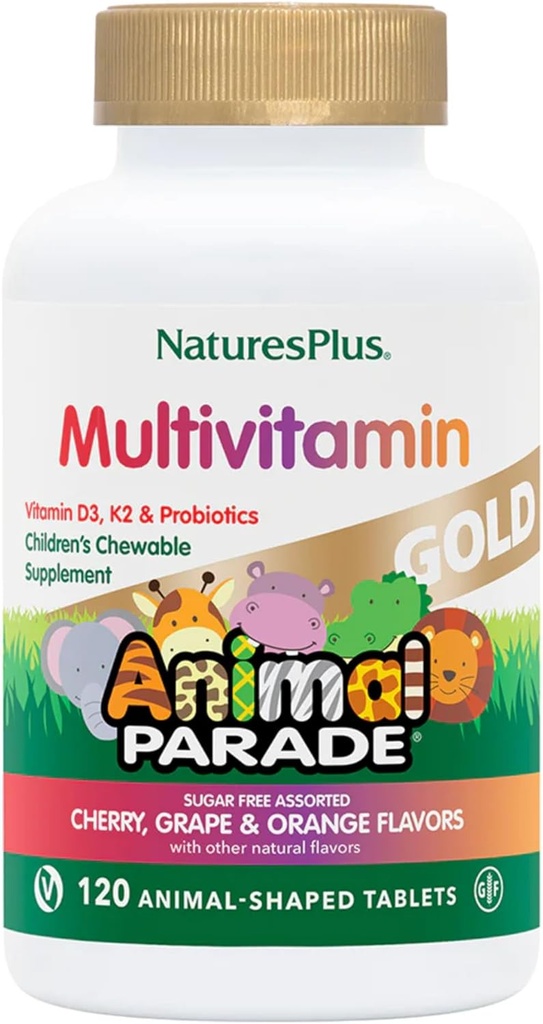 NaturesPlus Parade animale Or Multivitamine pour enfants - Cerise, orange et arômes de raisin assortis - 120 comprimés à mâcher en forme d'animal, boîte de 4 - Vegan, sans gluten - 240 portions totales
