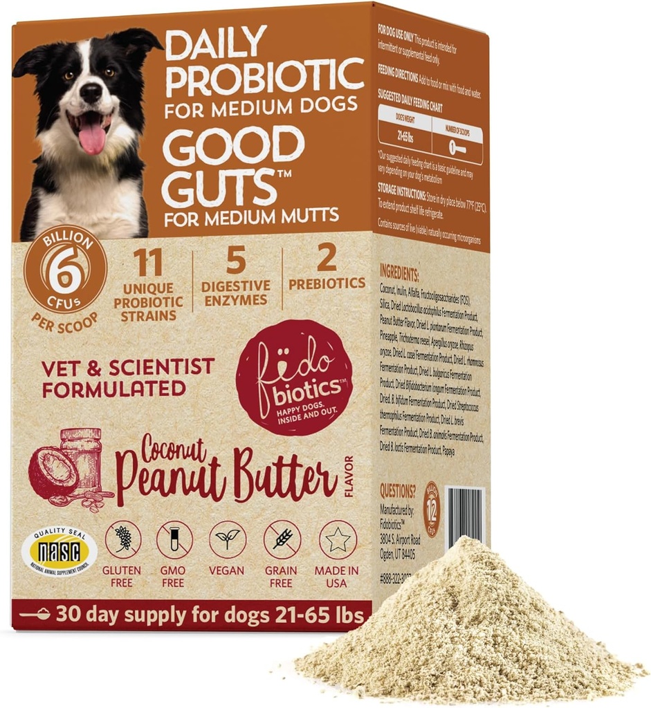 Fidobiotiques Bonnes guttes pour les mutants moyens Probiotiques pour chiens, 6 milliards d'UFC, 11 souches, 5 enzymes digestives, 2 prébiotiques, la santé des guets digestifs pour chiens, suppléments pour adultes et chiots probiotiques (30 jours)