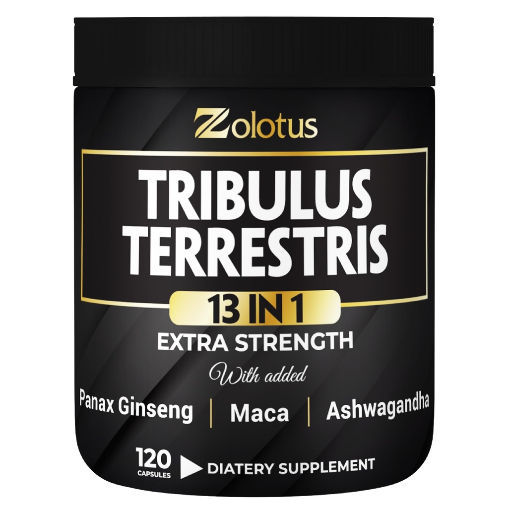 Zolotus 13in1 Tribulus Terrestris Capsules avec Maca, Horny Goat Weed, Panax Ginseng, Saw Palmetto, Tongkat Ali, Shilajit & More - L'énergie, supplément d'endurance pour les hommes et les femmes - 120 comtes