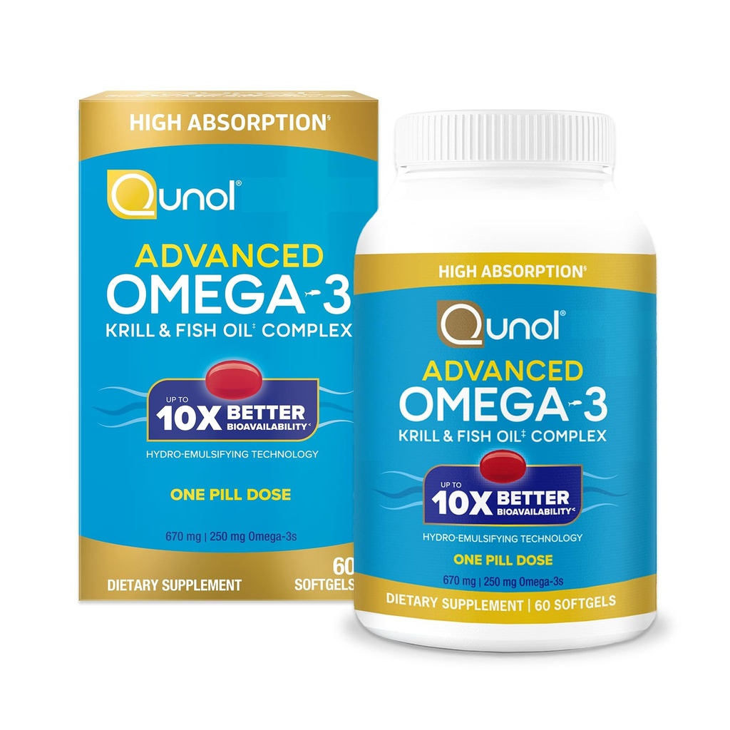 Qunol Advanced Omega 3 Krill and Fish Oil Complex, 10x Meilleure biodisponibilité, une dose de pilule, 250mg EPA & DHA, soutient la santé cérébrale, oculaire, cardiaque et articulaire, 60 comte (paquet de 1)