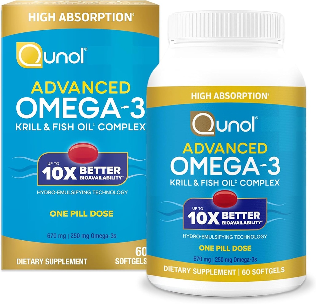 Qunol Advanced Omega 3 Krill and Fish Oil Complex, 10x Meilleure biodisponibilité, une dose de pilule, 250mg EPA & DHA, soutient la santé cérébrale, oculaire, cardiaque et articulaire, 90 Compte (paquet de 1)
