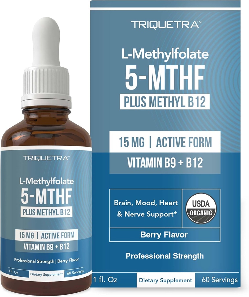 L Méthyl Folate 15mg Plus Méthyl B12 Cofacteur – Arôme de baie biologique, forme 5-MTHF active sublinguale de haute puissance liquide - Supporte l'humeur, la méthylation, la cognition – Formes bioactives Vitamine B9 & B12 (1oz)