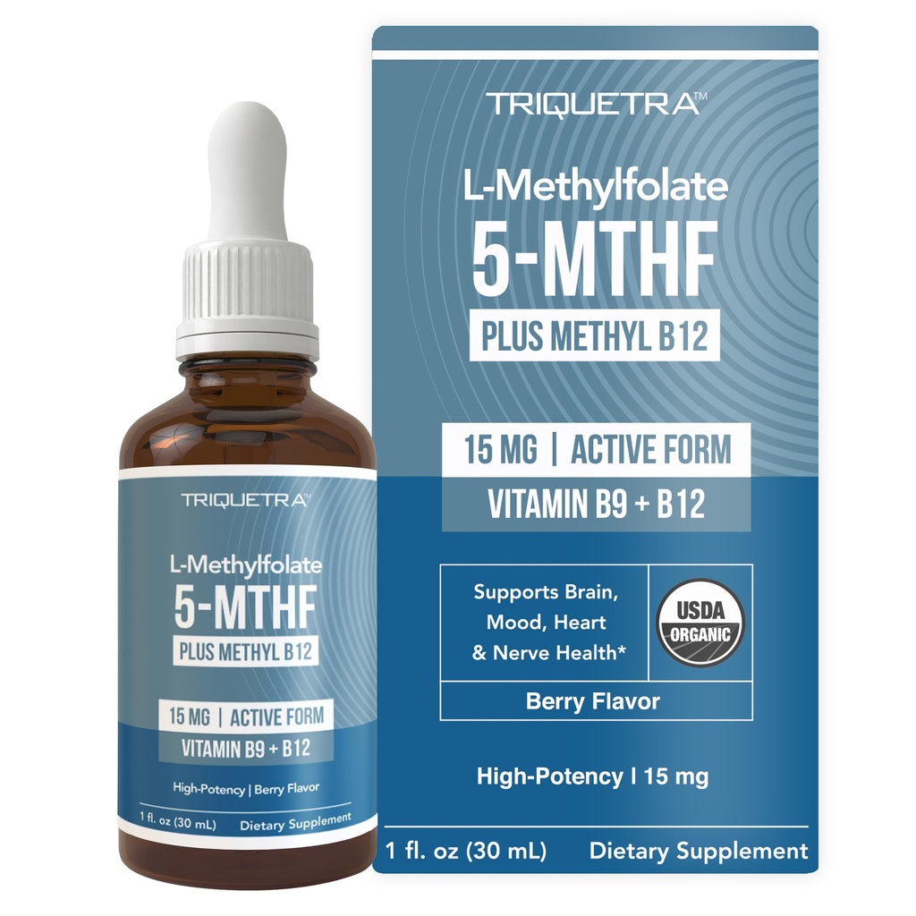 L Méthyl Folate 15mg Plus Méthyl B12 Cofacteur – Arôme de baie biologique, forme 5-MTHF active sublinguale de haute puissance liquide - Supporte l'humeur, la méthylation, la cognition – Formes bioactives Vitamine B9 & B12 (1oz)