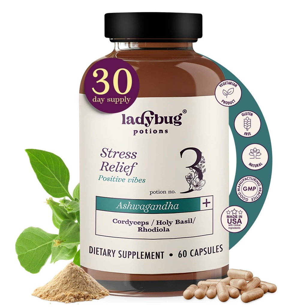 Pilules d'humeur bio - 60 Capsules Suppléments d'ashwagandha bio pour les femmes et les hommes, Capsules de racine d'ashwagandha avec Cordyceps, Basilic Saint et Rhodiola, Réduire le stress, stimuler l'humeur et la fonction cognitive
