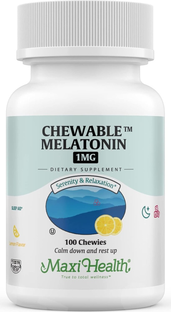 Maxi Health Chewable Melatonin, Kosher Lemon Flavor, Melatonin pour adultes et enfants, Aide naturelle pour adultes et enfants, Melatonin Chewables Alternative à Melatonin Gummies Kids Dose, (100 comte)