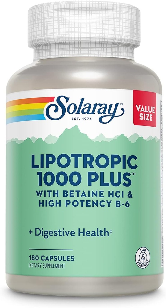 SOLARAY Lipotropic 1000 Plus avec Betain HCl & High Potency B-6, Digestion saine, énergie et soutien au métabolisme des graisses, Complexe lipotropique Plus Aloe Vera, garantie de 60 jours, 30 portions, 180 capsules