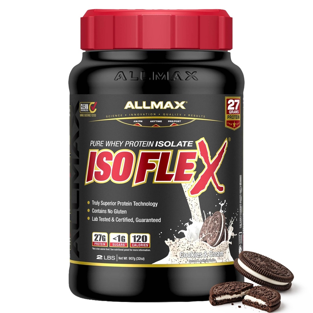 ALLMAX Nutrition ISOFLEX Isolation de protéines de lactosérum, cookies et crème - 2 lb - 27 grammes de protéines par scoop - Zéro gras et sucre - 99% Sans lactose - Sans gluten et sans soja - Environ 30 portions