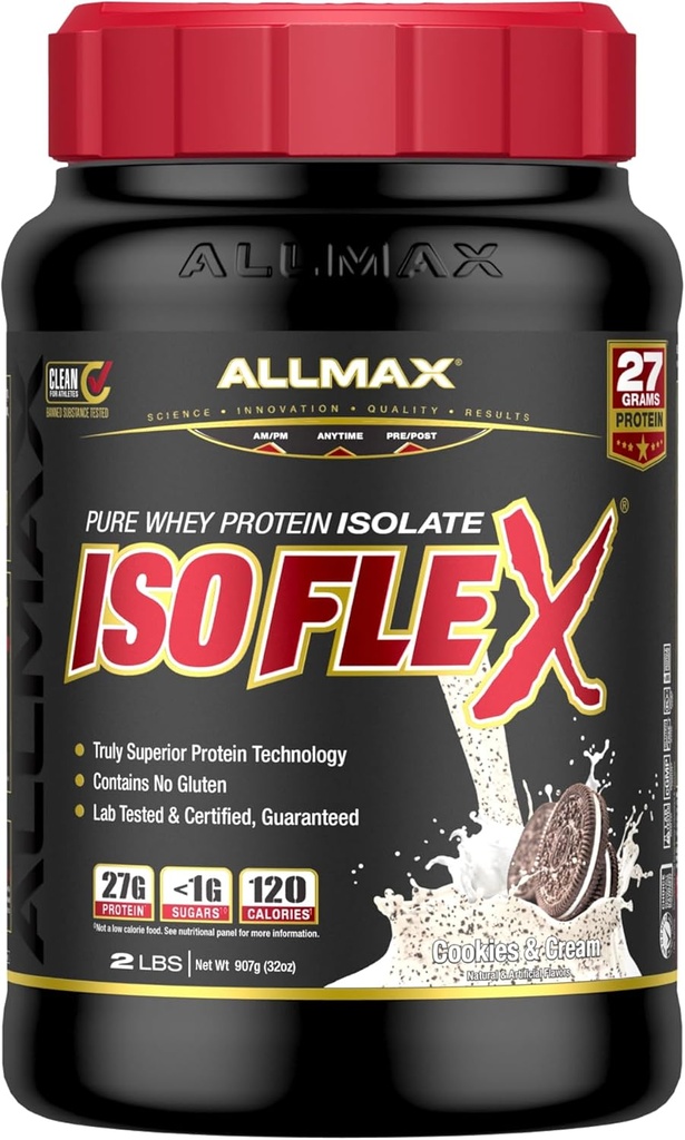 ALLMAX Nutrition ISOFLEX Isolation de protéines de lactosérum, cookies et crème - 2 lb - 27 grammes de protéines par scoop - Zéro gras et sucre - 99% Sans lactose - Sans gluten et sans soja - Environ 30 portions