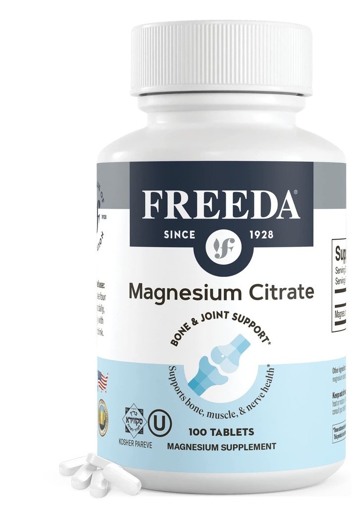Citrate de magnésium Freeda 400 mg Comprimés enrobés – Supplément à haute absorption pour support musculaire, nerveux et relaxation – Vegan, sans gluten, casher – 100 Compte