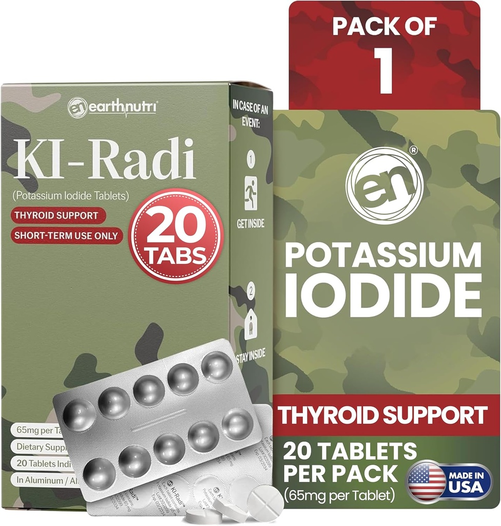 EarthNutri KI-Radi™ Potassium Iodide Tablets 65 mg – High Potency Iodine Supplement for Thyroid Support, Emergency Preparedness – Potassium Supplement in Foil-Foil Blister Seal – 20 Tablets (1 Pack)