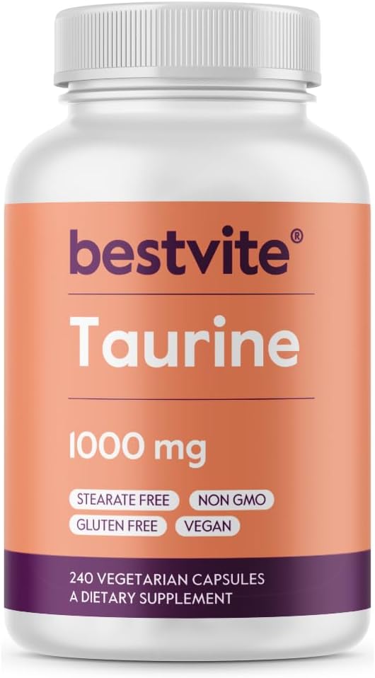 BESTVITE Taurine 1000mg (240 capsules végétariennes) - Pas de stéarate - Pas de remplissage - Pas d'agents de débit - Vegan - Non OGM - Sans gluten