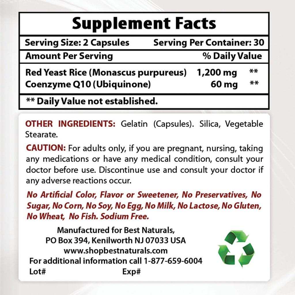 Riz de levure rouge avec du COQ10 et curcumine curcuma 1 500mg/Servi avec bioperine