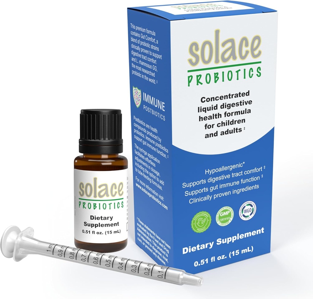 Solace Probiotiques Formule liquide pour adultes et enfants - Mélange concentré pour la santé digestive et l'immunité, cliniquement recherché, application de seringue facile, hypoallergénique - 15mL