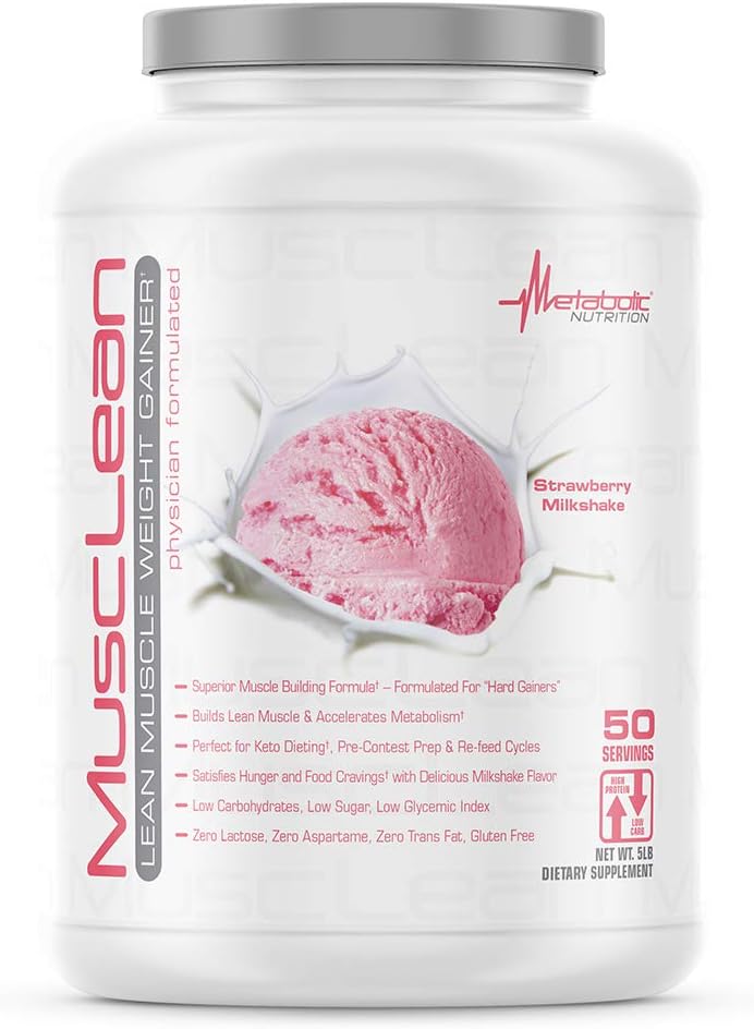 Metabolic Nutrition - Musclean - Milkshake, Whey High Protein Meal Replacement, Maintenance Nutrition, Low Carb, Keto Diet, Digestive Enzymes, Strawberry, 5 Pound (50 ser)