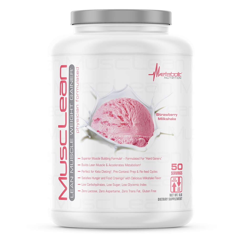 Nutrition métabolique - Musclean - Milkshake, Whey High Protein Meal Replacement, Maintenance Nutrition, Faible Carb, Keto Diet, Enzymes digestifs, Fraise, 5 livres (50 ser)