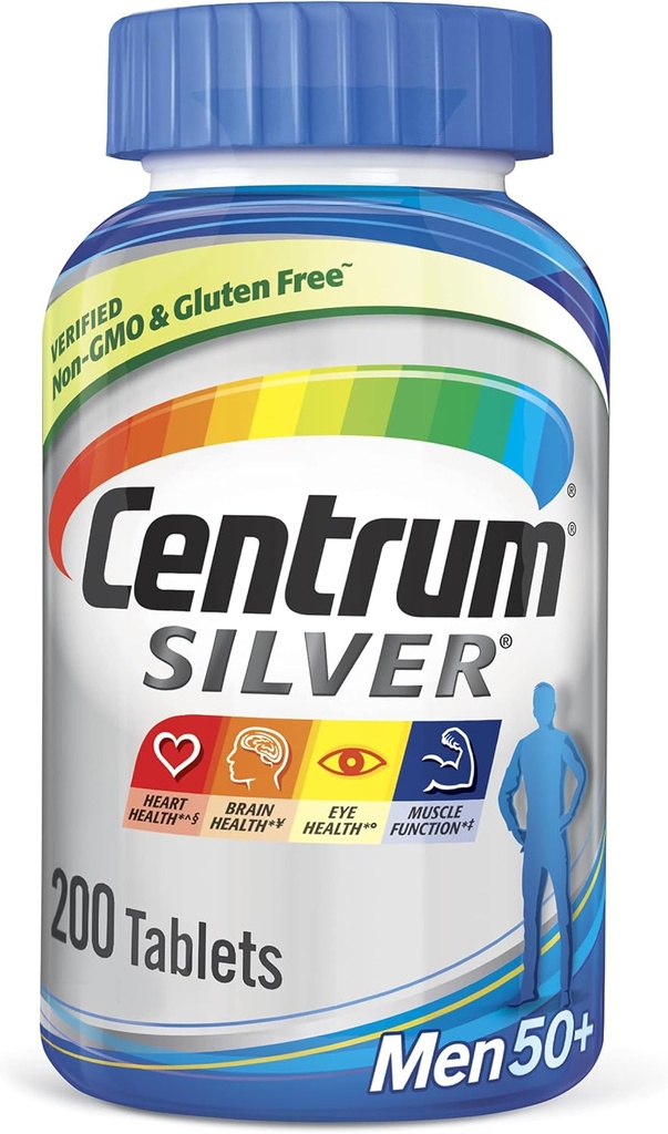 Multivitamine d'argent centrum pour hommes 50 Plus, supplément multivitamine/multiminérale avec vitamine D3, vitamine B et zinc, sans gluten, ingrédients non OGM - 200 Compte
