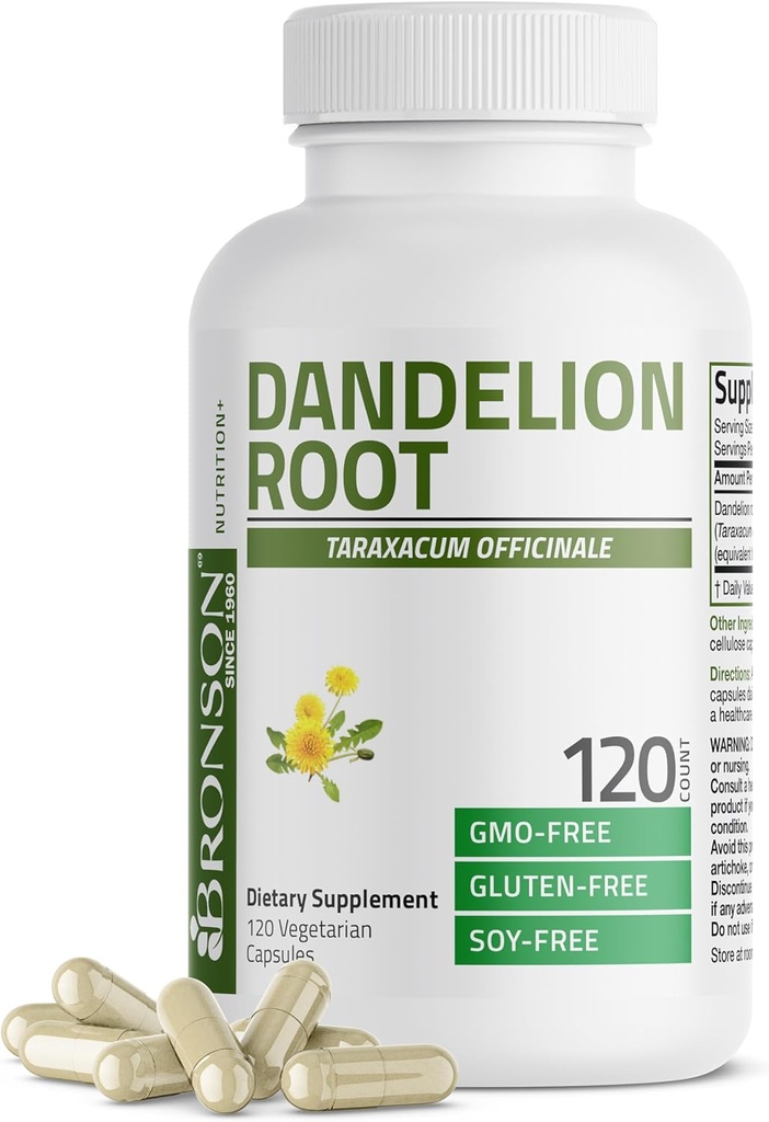Bronson Dandelion Root High Potency Supplement, soutient une bonne santé et bien-être globale, plante diurétique traditionnelle - non-OGM, 120 capsules végétariennes