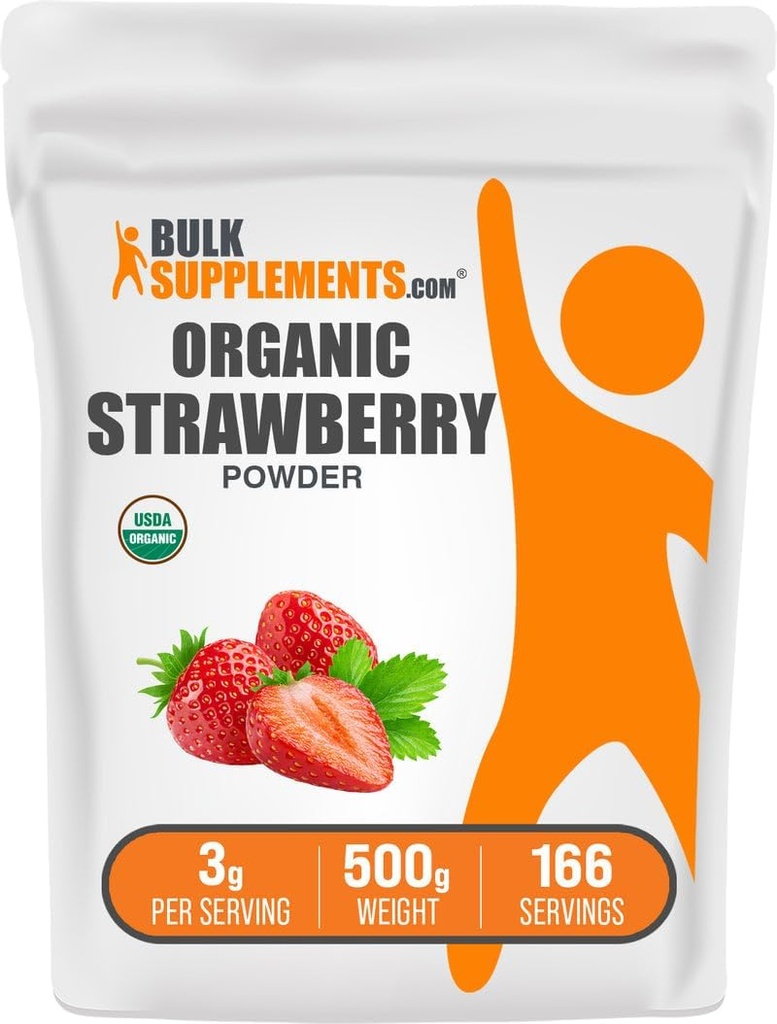 BulkSupplements.com Poudre de fraise biologique - Poudre de fruits de fraises biologiques - Pas de sucre ajouté et sans gluten, 3g par portion, 500g (1,1 lb) (paquet de 1)