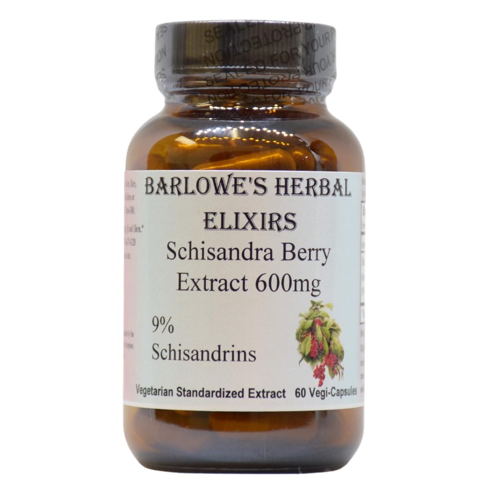 Barlowe's Herbal Elixirs Schisandra Berry | Extract | 9% Schisandrins | 600mg per Capsule | 60 Veggie Capsules | Non-GMO | Stearate Free | Glass Bottle