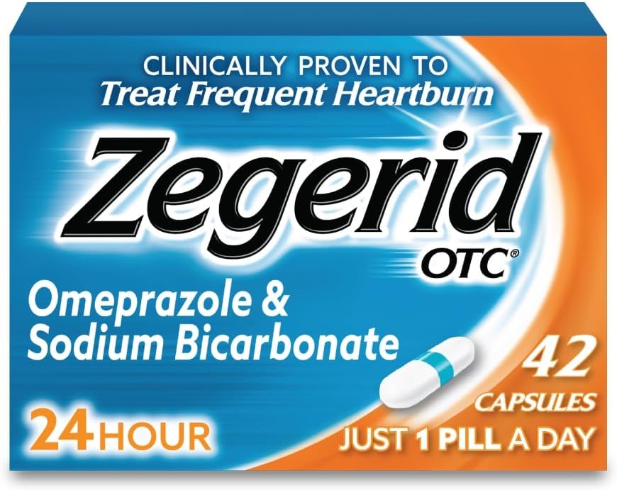 Zegerid OTC, 24-Hour Heartburn Relief, Acid Reflux Medicine and Antacid, Treats Frequent Heartburn, Omeprazole 20mg + Sodium Bicarbonate, Proton Pump Inhibitor (PPI), 42 Capsules