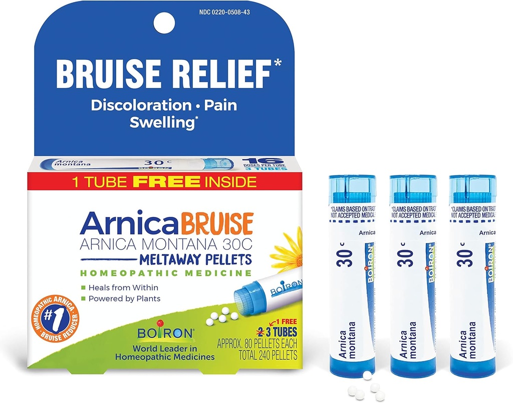 Boiron Arnica Bruise - Arnica Montana 30c pour soulagement de la douleur, gonflement et décoloration des bleus - 3 comte (240 Pellets)
