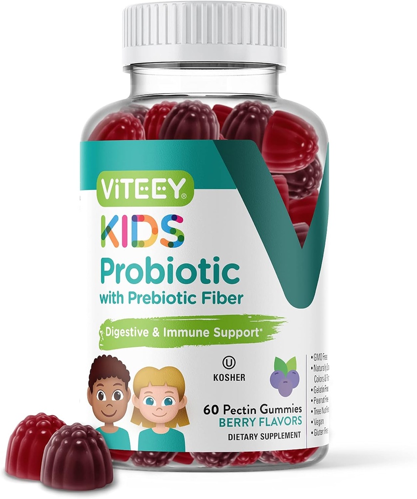 Viteey Probiotic Gummies for Kids Plus Prebiotics Fibre - 2 milliards d'UFC - Santé digestive, Santé Gut, Relief de Constipation pour les enfants Support - Vegan, Sans gélatine - Nourriture de baies de probiotiques à croquer