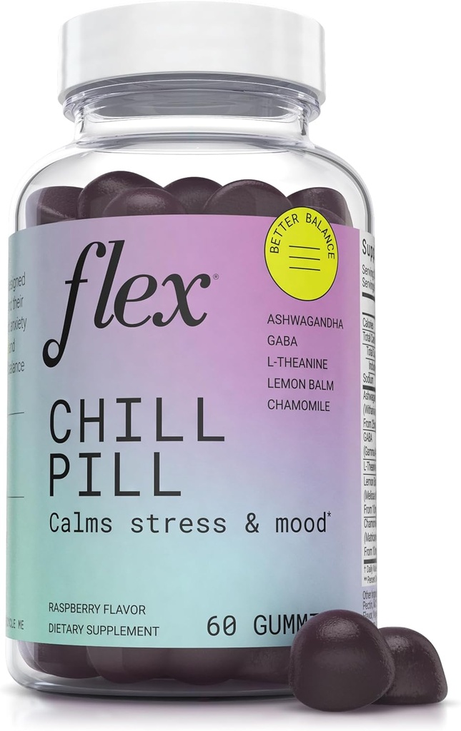 FLEX Pilule froide - Soulagement du stress - Équilibre - Aide à se détendre - Ashwagandha - L-Theanine - GABA - Camomille - Baume de citron - Flaveur de baie - Ami Vegan - Sans gluten - 60 Gummies (Pilule de colline)