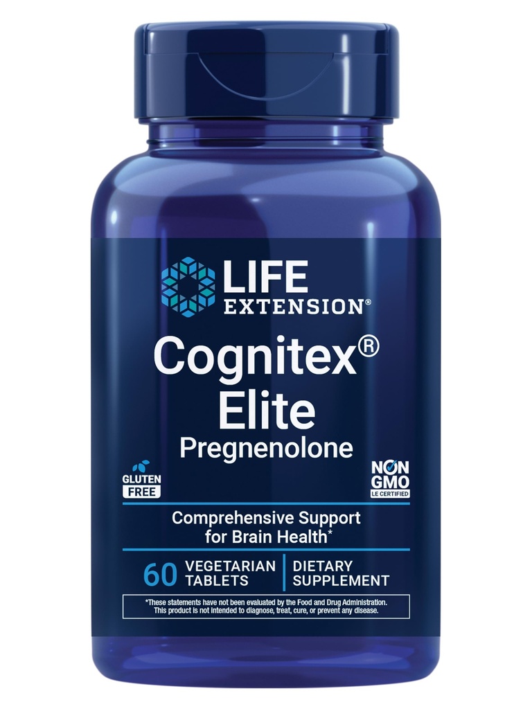 Life Extension Cognitex® Elite Pregnenolone, sauge, Blueberry, ashwagandha, phosphatidylsérine, Formule avancée, Attention, Focus, Mémoire, Sans gluten, Non-OGM, Végétarien, 60 comprimés