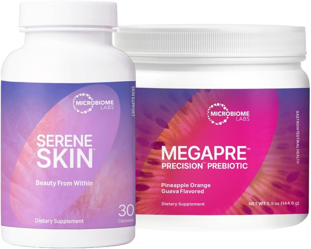 Microbiome Labs Skin Support Bundle - SereneSkin Probiotic Supplément pour la peau claire montré pour aider à réduire les lignes fines (30 Capsules) - MegaPre poudre prébiotique pour la santé de Gut (2,1oz)