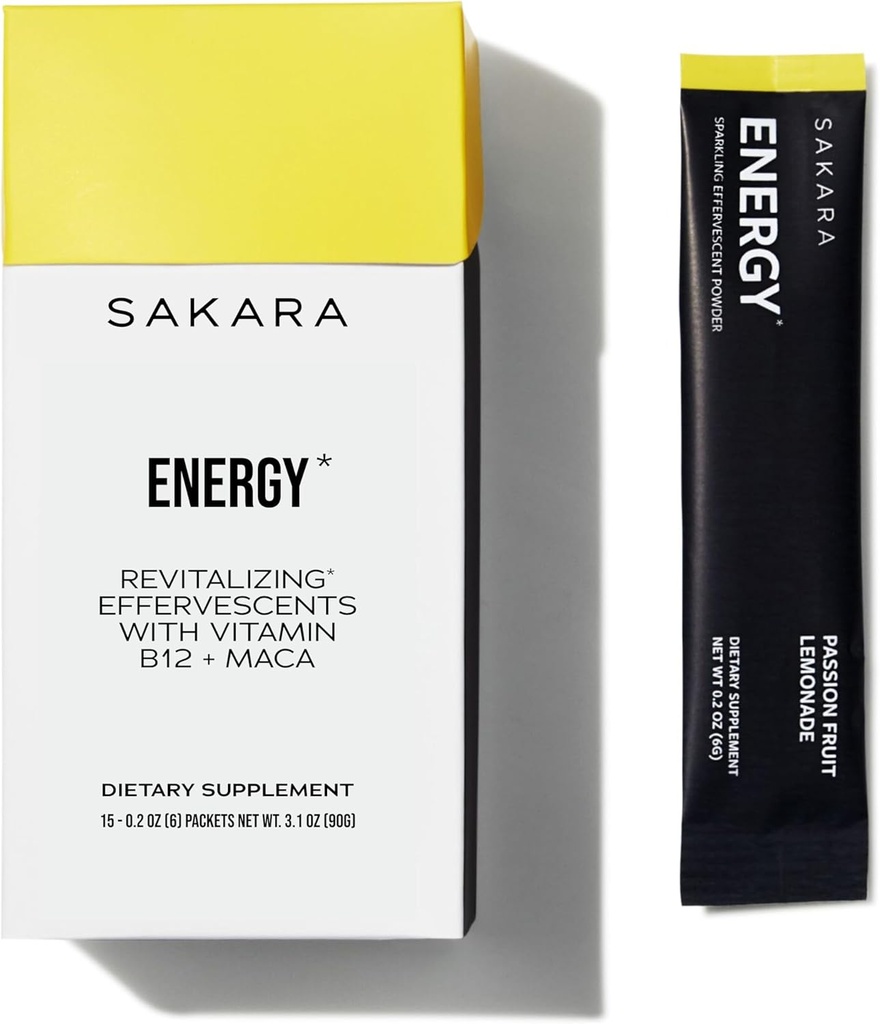 SAKARA Energy Effervescents, 15 packets - Électrolytes sans sucre raffinés Packets en poudre avec vitamine B12 & L Theanine, packs d'eau aromatisés, poudre d'hydratation, poudre d'électrolyte de boisson énergétique