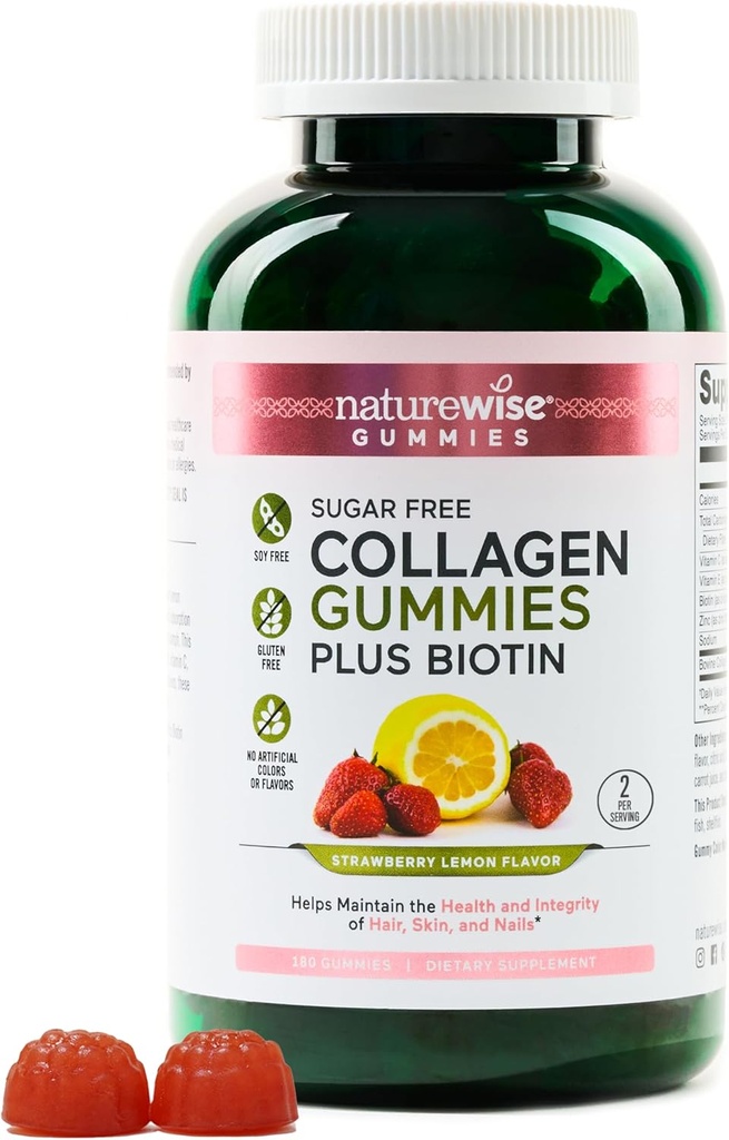 Gommies de collagène NatureWise - Gommies de collagène hydrolysées sans sucre - Peptides de type 1 et 3 pour femmes + biotine, vitamine C, E, et zinc pour la peau des cheveux et les ongles support - 180 Compte[3-Mois]
