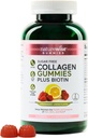 Gommies de collagène NatureWise - Gommies de collagène hydrolysées sans sucre - Peptides de type 1 et 3 pour femmes + biotine, vitamine C, E, et zinc pour la peau des cheveux et les ongles support - 180 Compte[3-Mois]