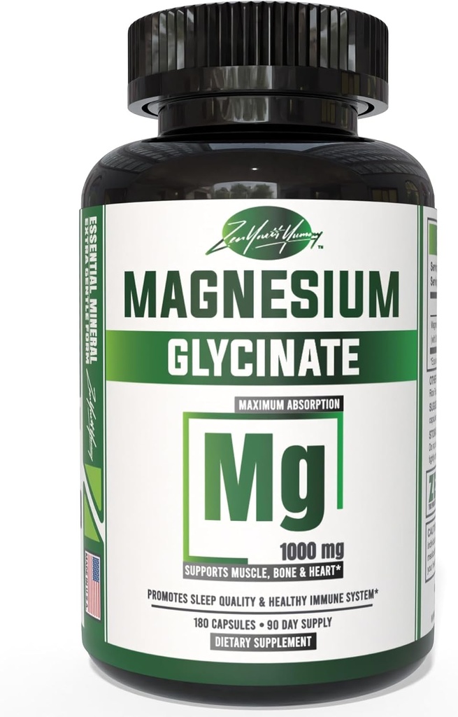 ZYY Glycinate de magnésium pur Capsules 1000mg de force maximale, Chélaté pour supplément de magnésium à haute absorption pour le sommeil, les muscles, le cerveau, les os et la santé cardiaque, 3ème partie testée, 180 capsules